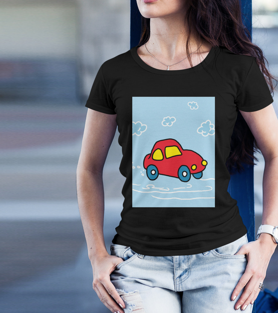 Red Cartoon Car In Cloudy Sky Scene With Blue Wheels And Yellow Windows T-Shirt