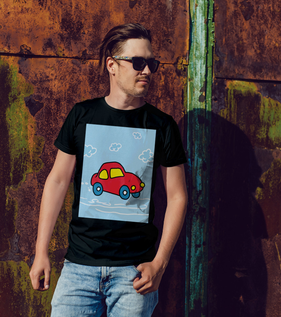 Red Cartoon Car In Cloudy Sky Scene With Blue Wheels And Yellow Windows T-Shirt