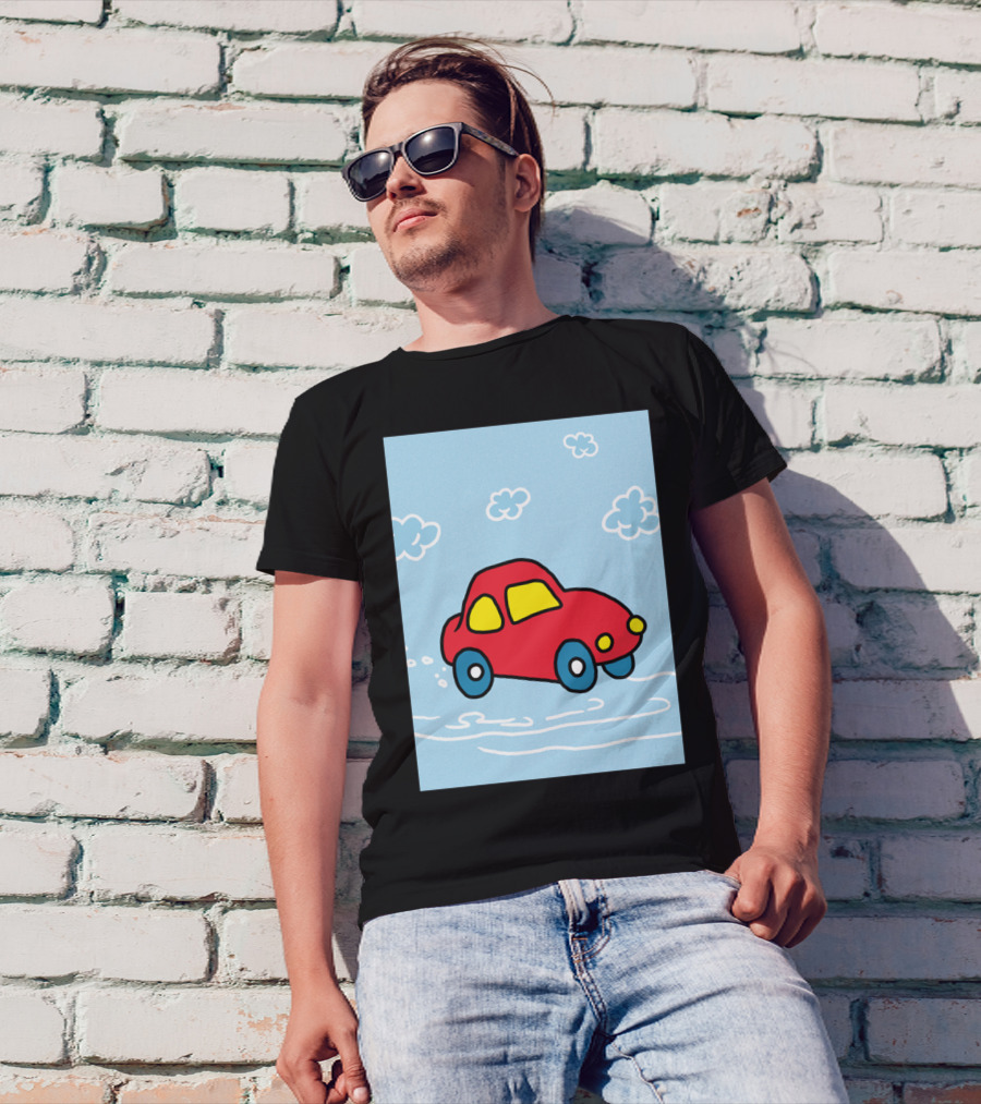 Red Cartoon Car In Cloudy Sky Scene With Blue Wheels And Yellow Windows T-Shirt