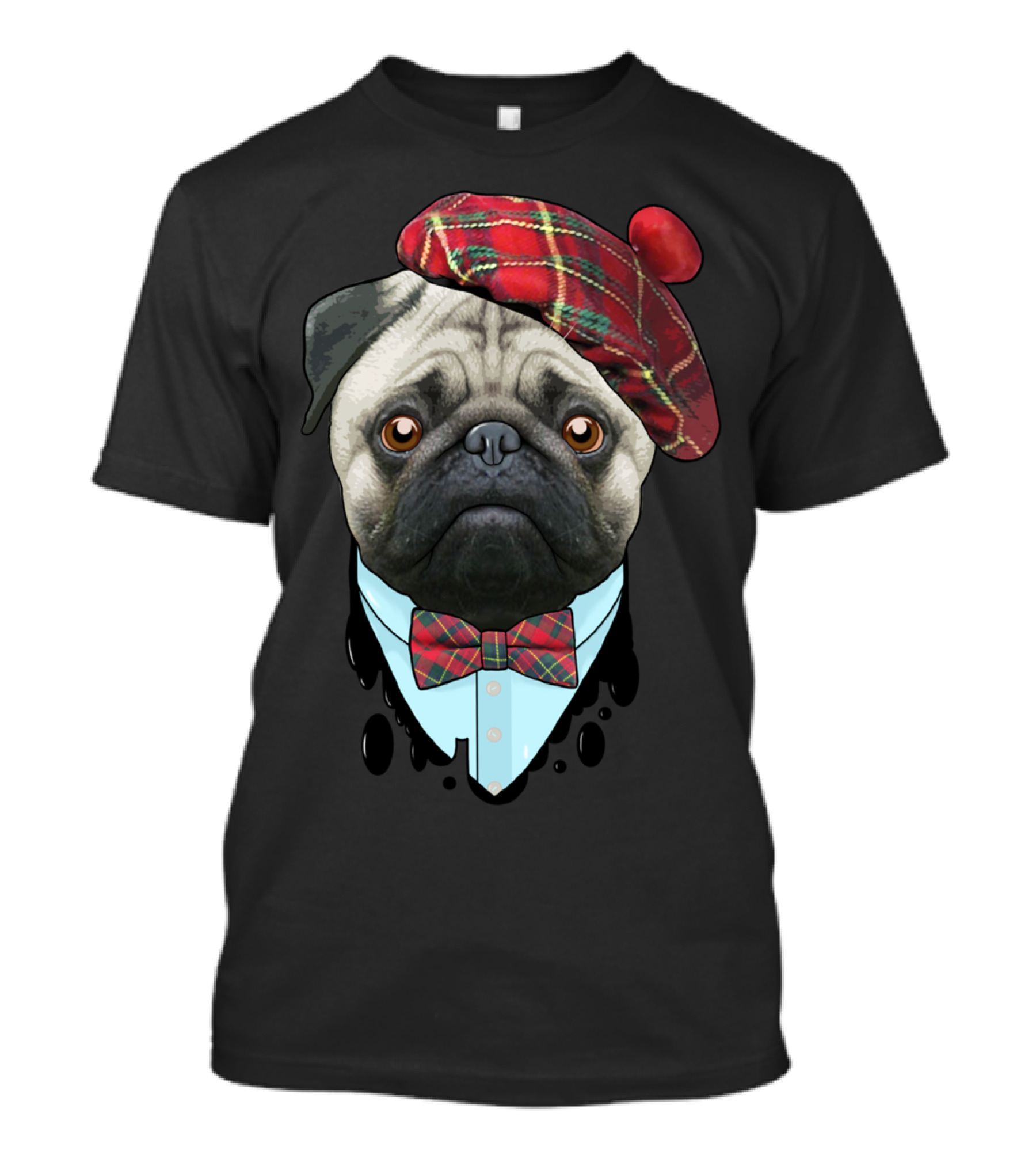 Pug Wearing Tartan Hat And Bow Tie T-Shirt