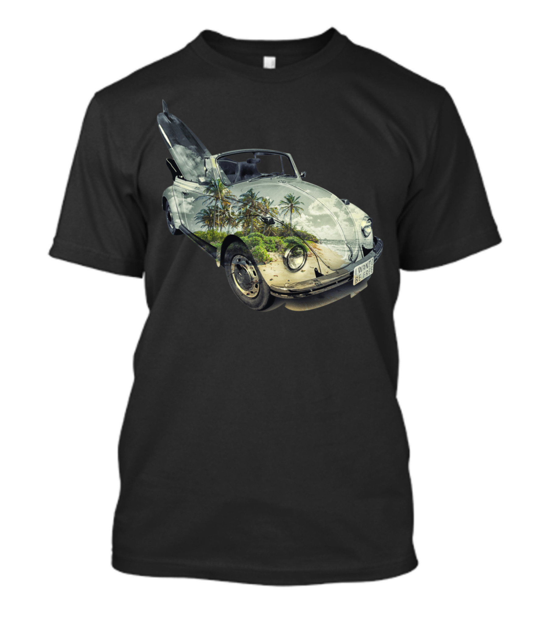 Born To Be Free Convertible Car Tropical Beach Scene T-Shirt