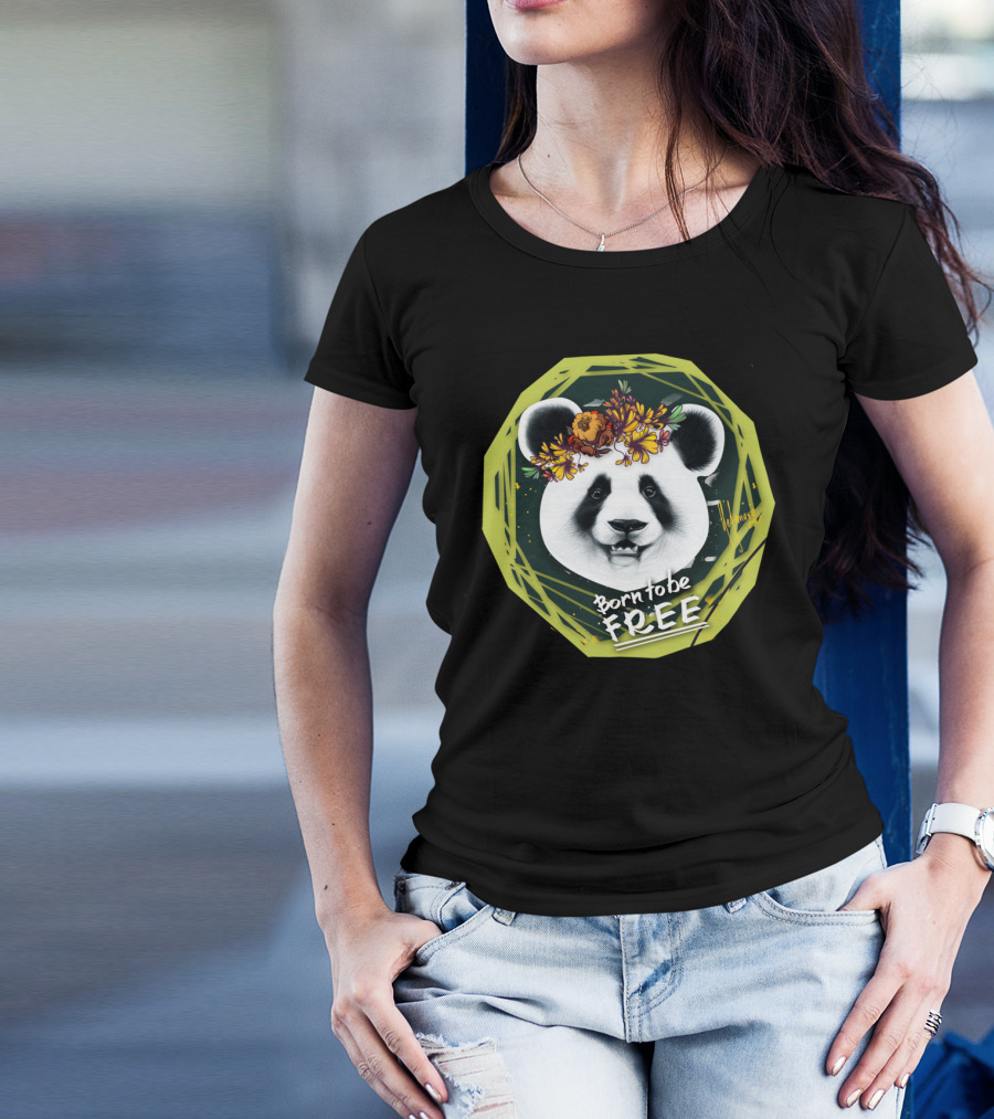 Born To Be Free Panda Floral Wreath T-Shirt