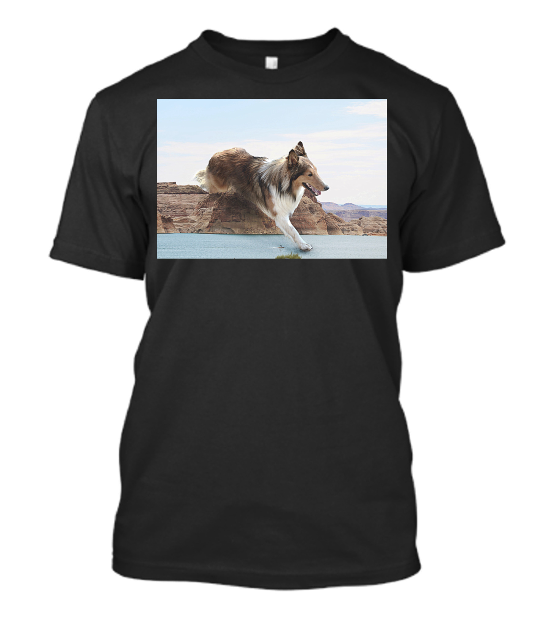 Aquilo Que Eu Sei Running Collie Over Desert Canyon Landscape T-Shirt