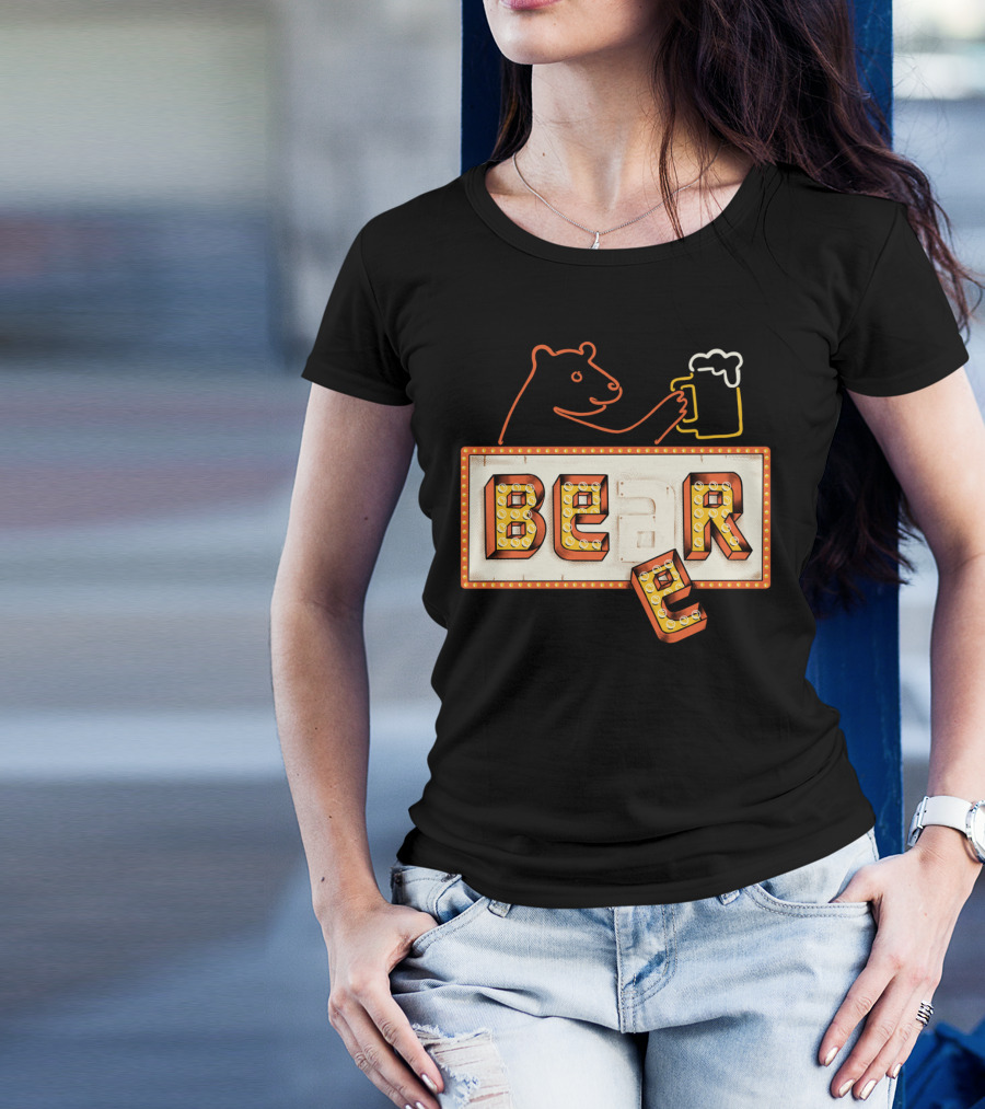 Bear Holding Beer Mug In Neon Sign T-Shirt