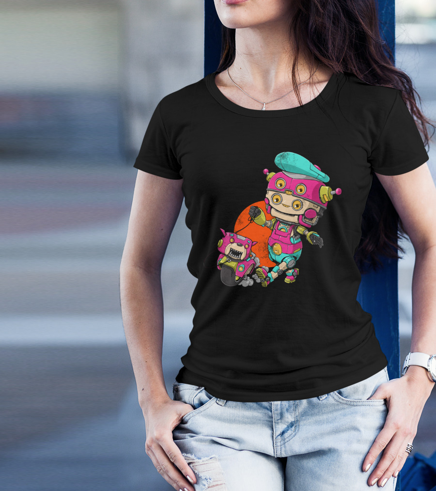 Robot Dog Walker Cyberpunk Retro Futuristic Machine Duo T-Shirt