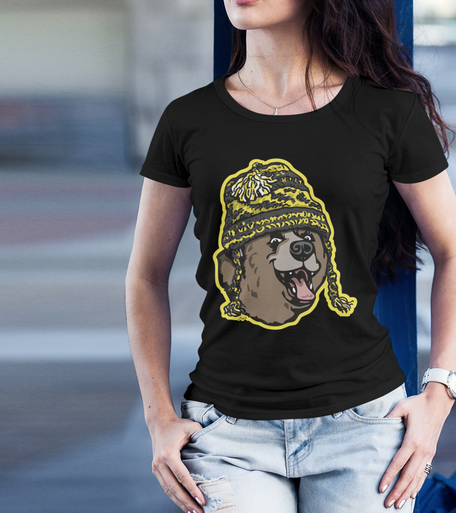 Bear Wearing Black And Gold Beanie With Pom-Poms T-Shirt