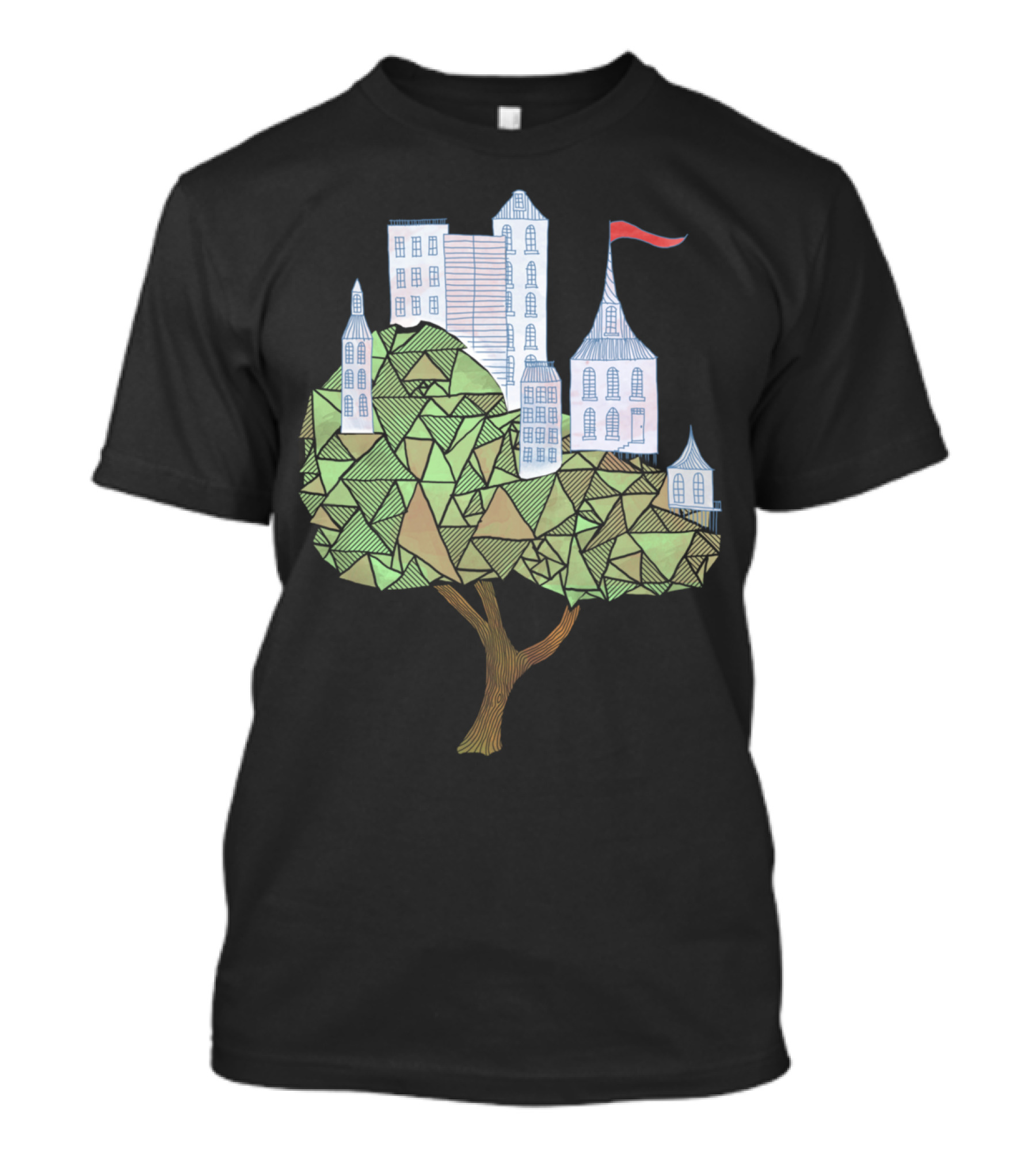 Arboreal Abode Geometric Tree With Urban Skyline T-Shirt