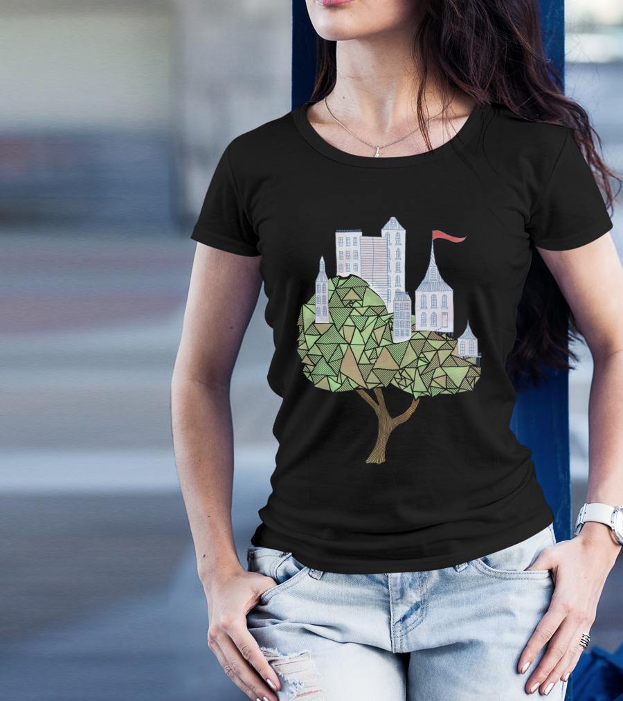 Arboreal Abode Geometric Tree With Urban Skyline T-Shirt