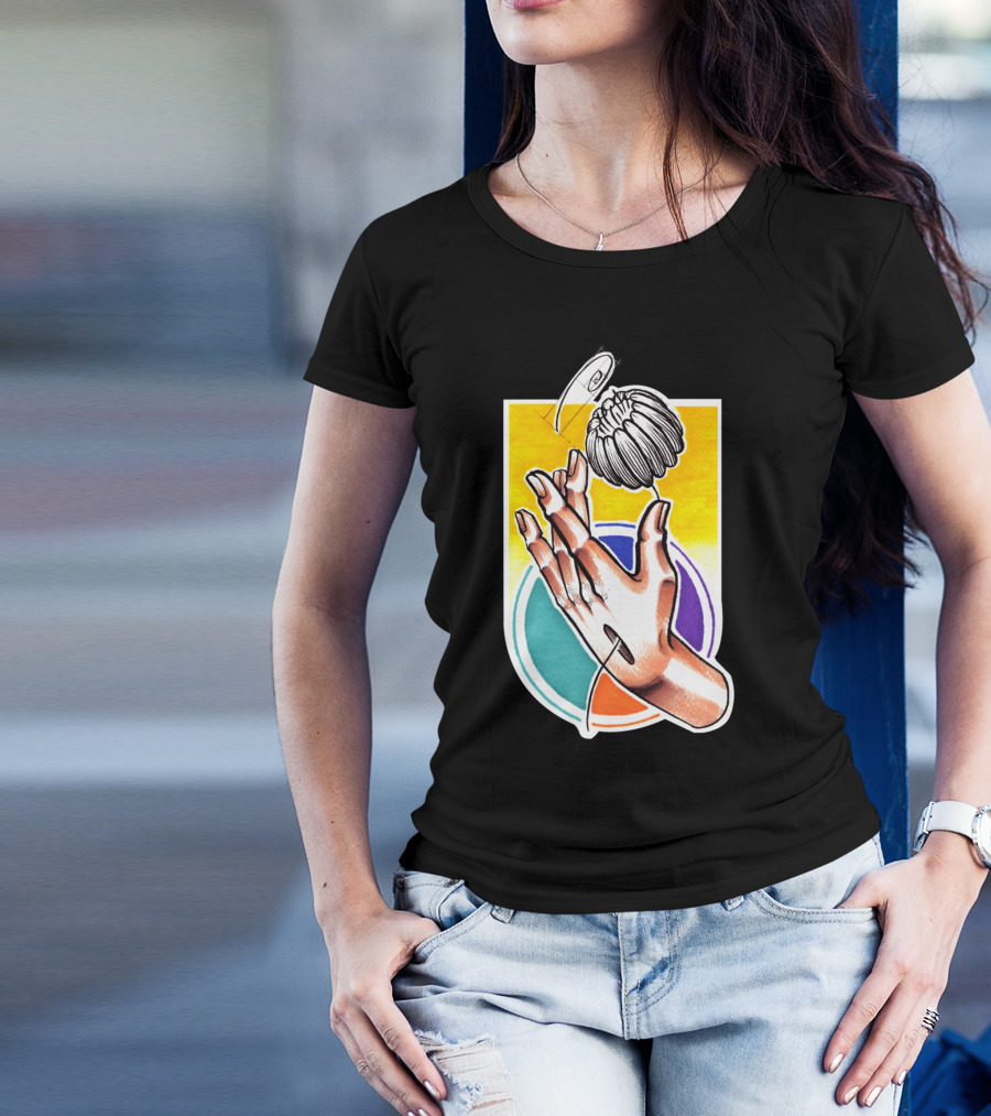 Creative Hands Holding Enchanting Flower With Colorful Geometric Backdrop T-Shirt