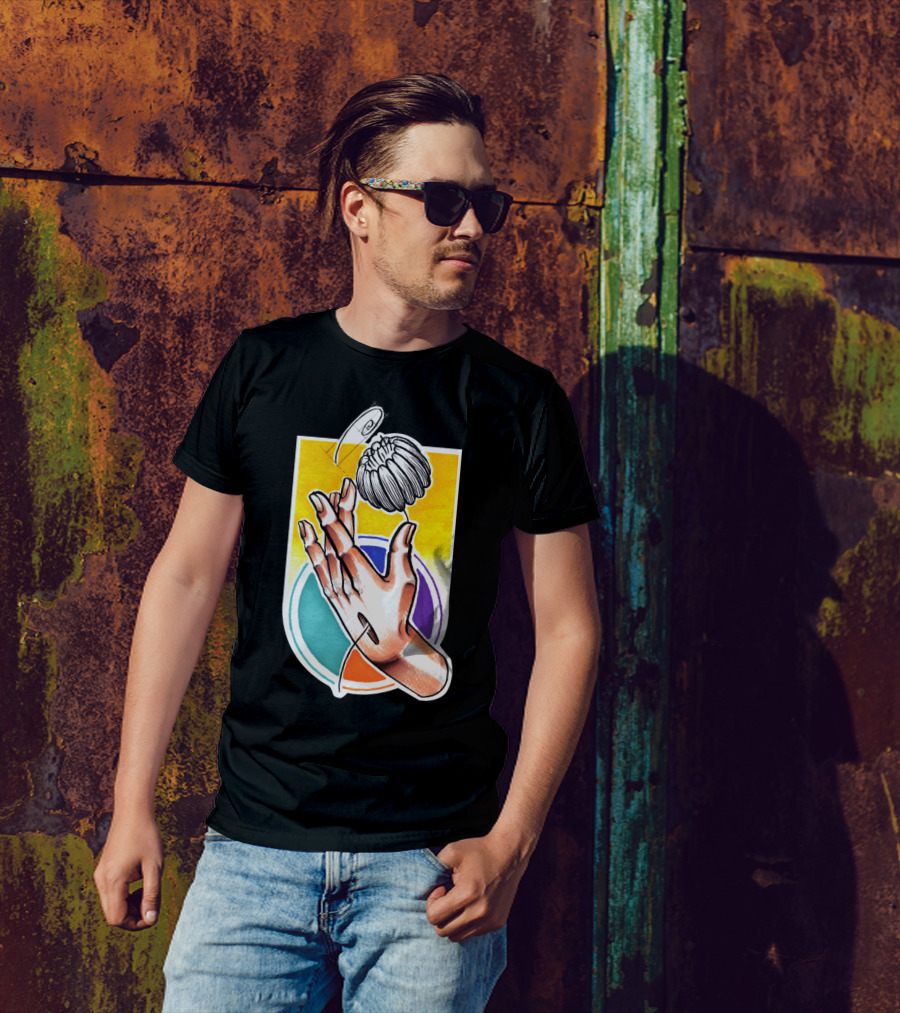Creative Hands Holding Enchanting Flower With Colorful Geometric Backdrop T-Shirt