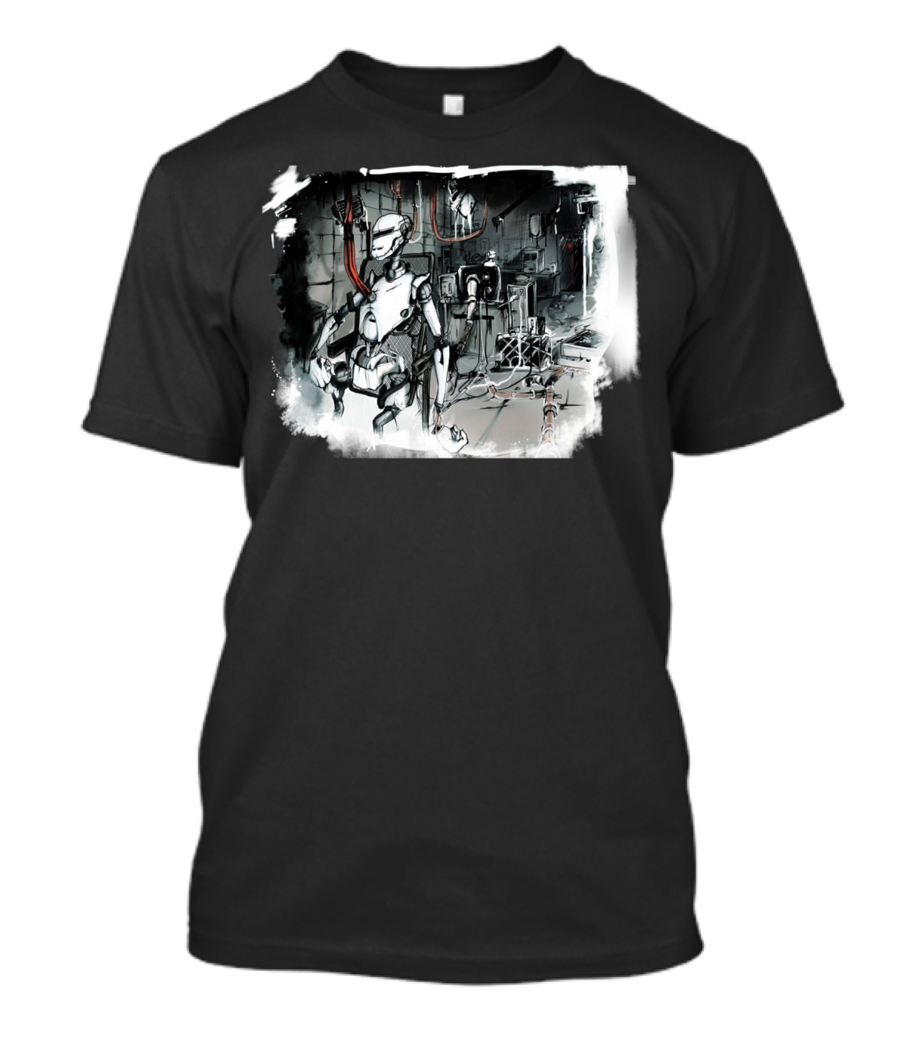 Roberto Among Futuristic Robotics And Machinery In The Underground Lab T-Shirt