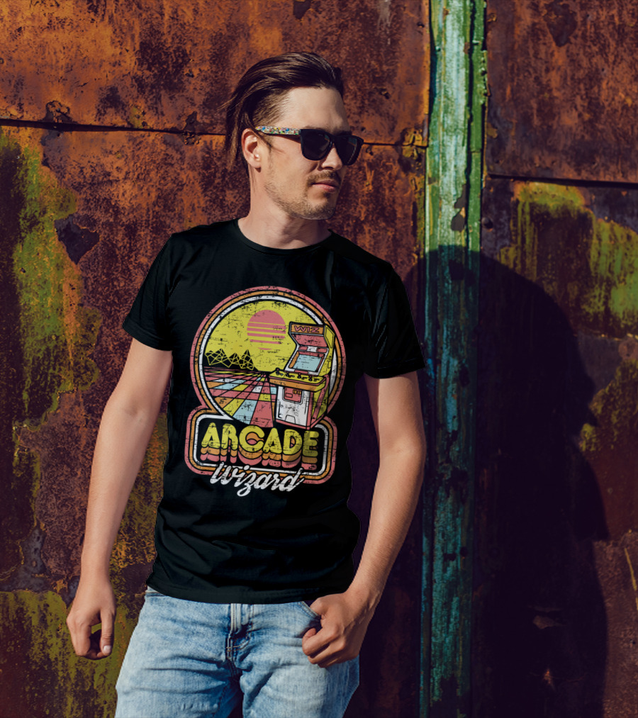 Arcade Wizard Retro Sunset Wiz Machine T-Shirt