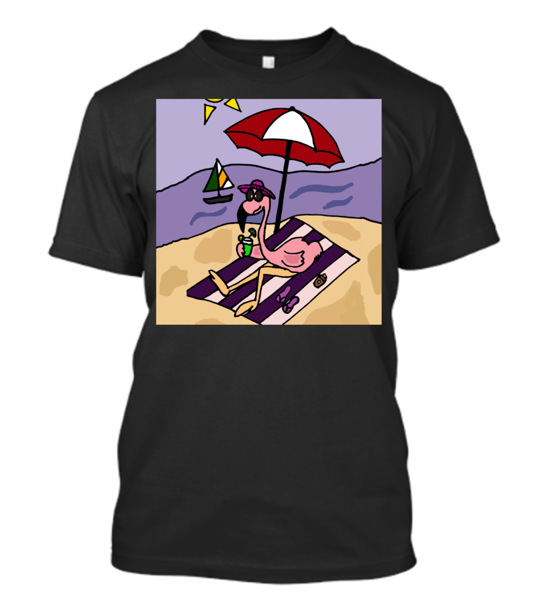 Funny Pink Flamingo Relaxing Under Umbrella At Beach With Sailboat T-Shirt