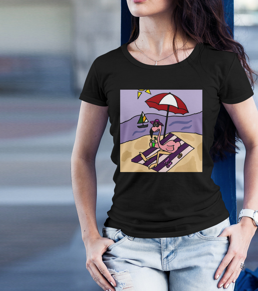 Funny Pink Flamingo Relaxing Under Umbrella At Beach With Sailboat T-Shirt