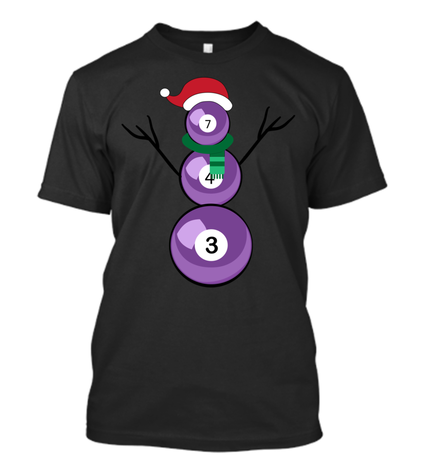 Funny Christmas Billiard Snowman With Santa Hat And Numbers 7 4 3 T-Shirt