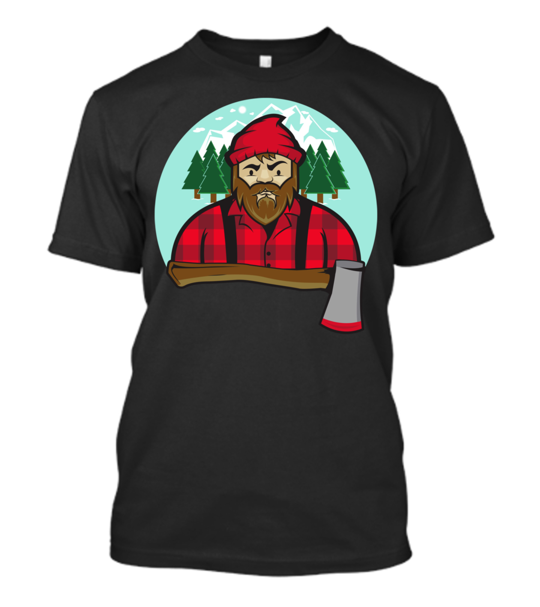 Bearded Lumberjack With Axe And Mountain Forest Background T-Shirt