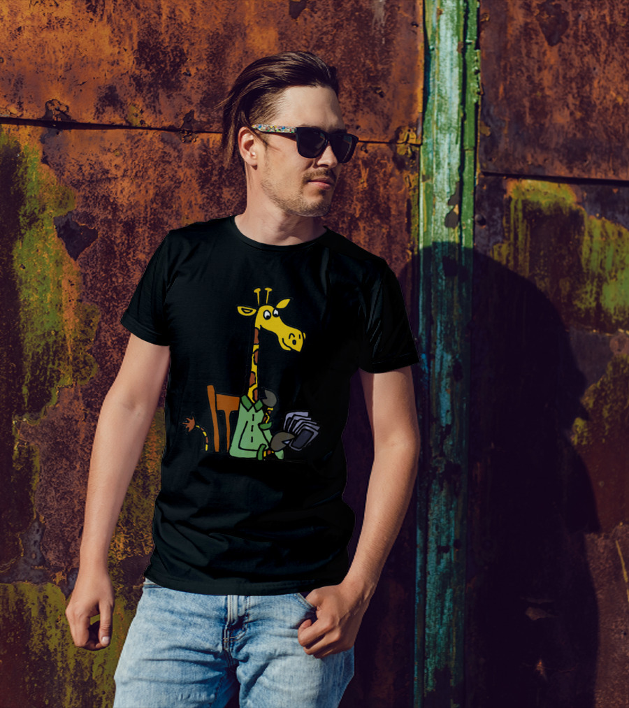 Funny Cool Giraffe Playing Cards At Table T-Shirt