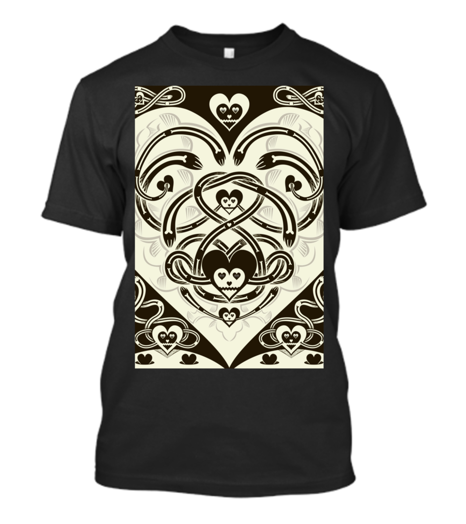 Hearts And Swirls Pattern Black And Cream Cards Heart One T-Shirt