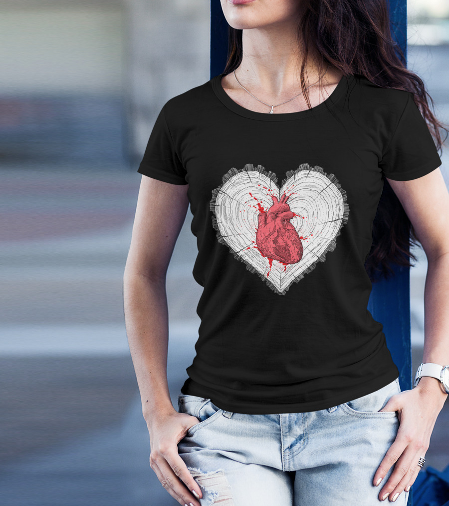 Wooden Heart Anatomical Red Bleeding On Log Heart Shaped Rings T-Shirt