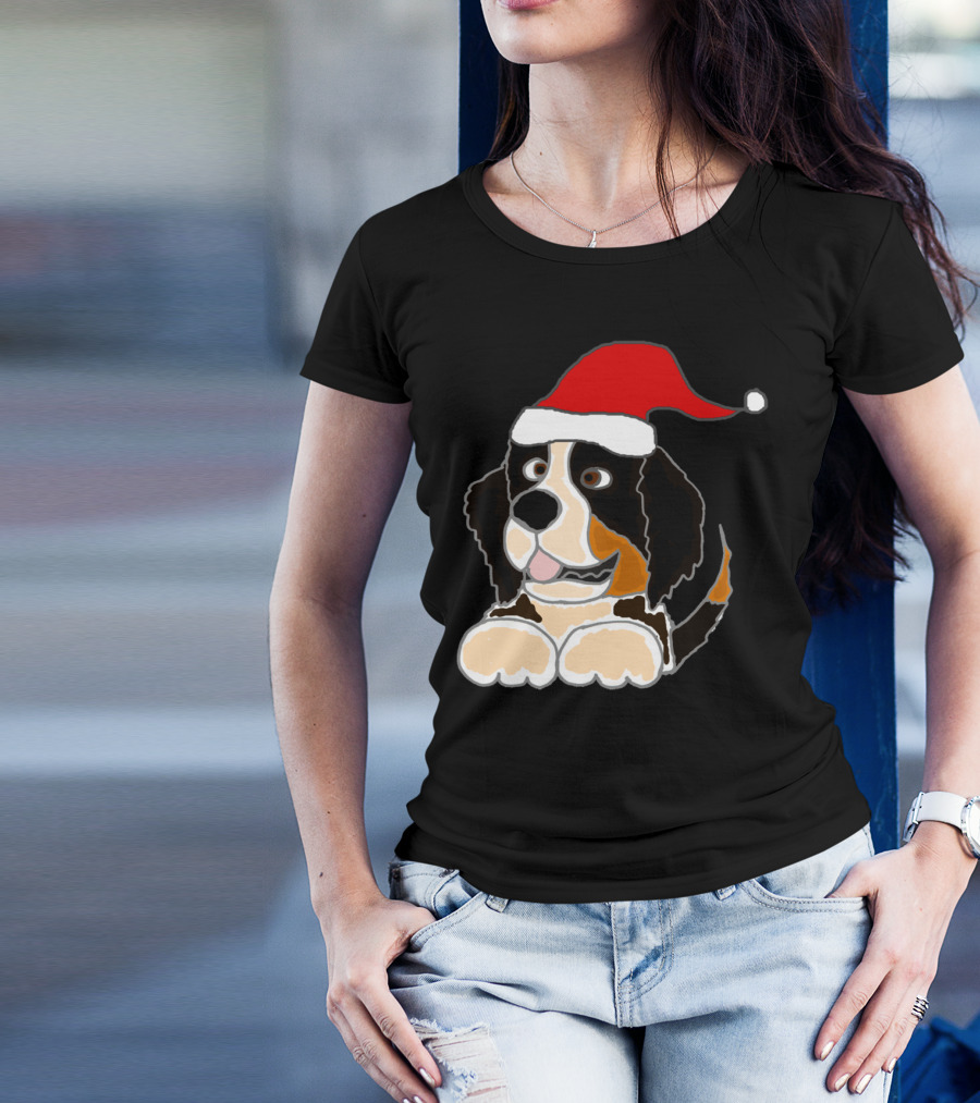 Funny Cute Bernese Mountain Dog Santa Hat T-Shirt