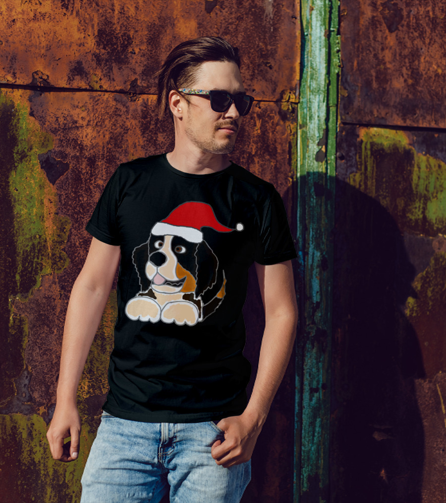 Funny Cute Bernese Mountain Dog Santa Hat T-Shirt