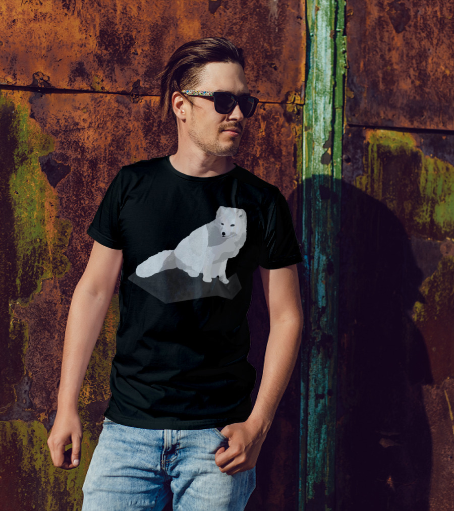Arctic Fox Sitting On Dark Geometric Shape T-Shirt
