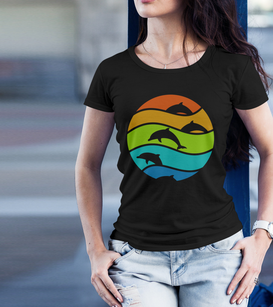Dolphin Rainbow Waves Circle T-Shirt