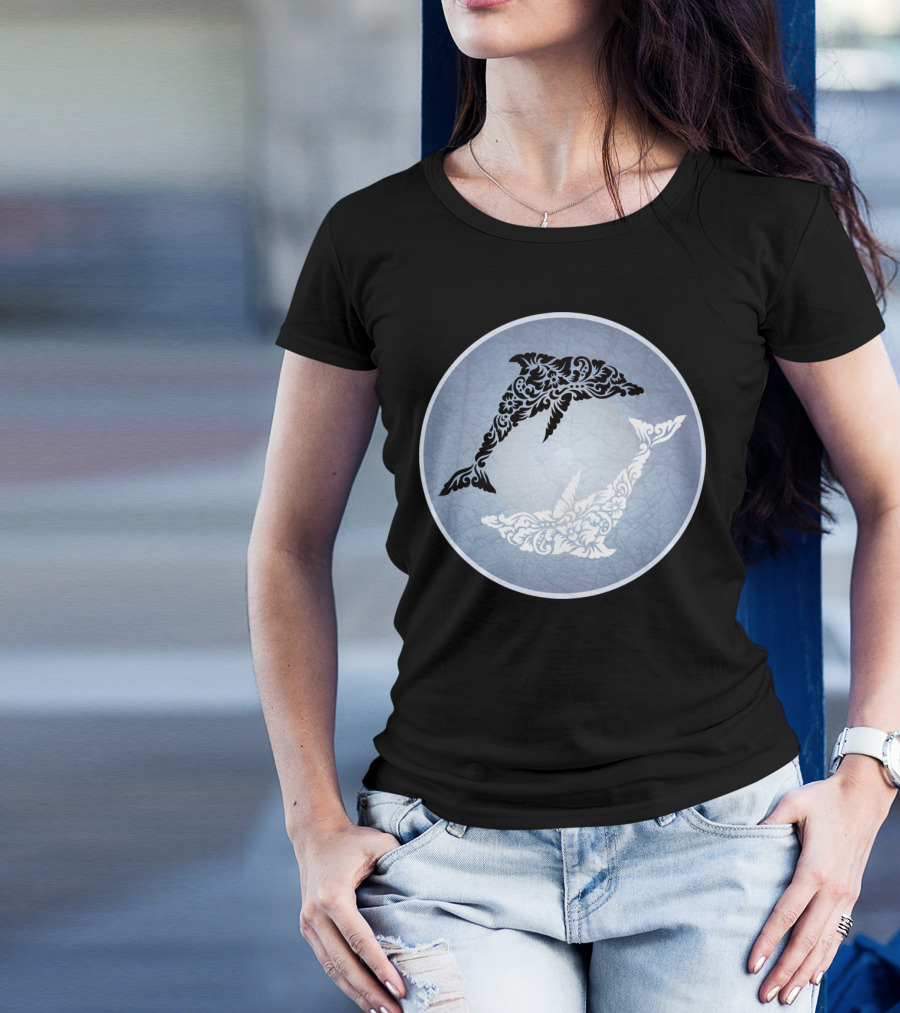 Dolphin Yin Yang Floral Ornament Circular T-Shirt