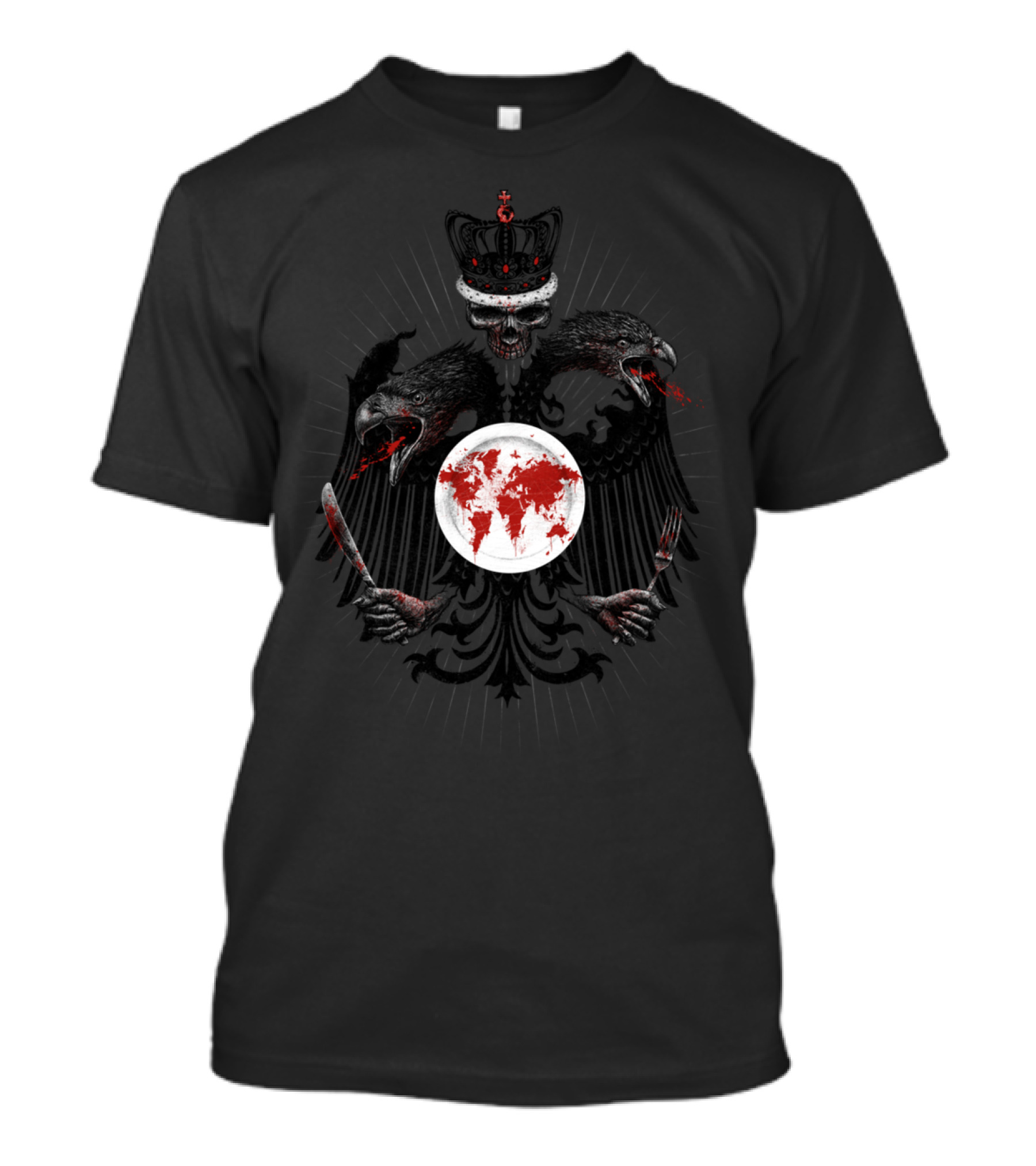 DOMINION Crowned Skull Double-Headed Eagle World Map Blood Knife Fork T-Shirt