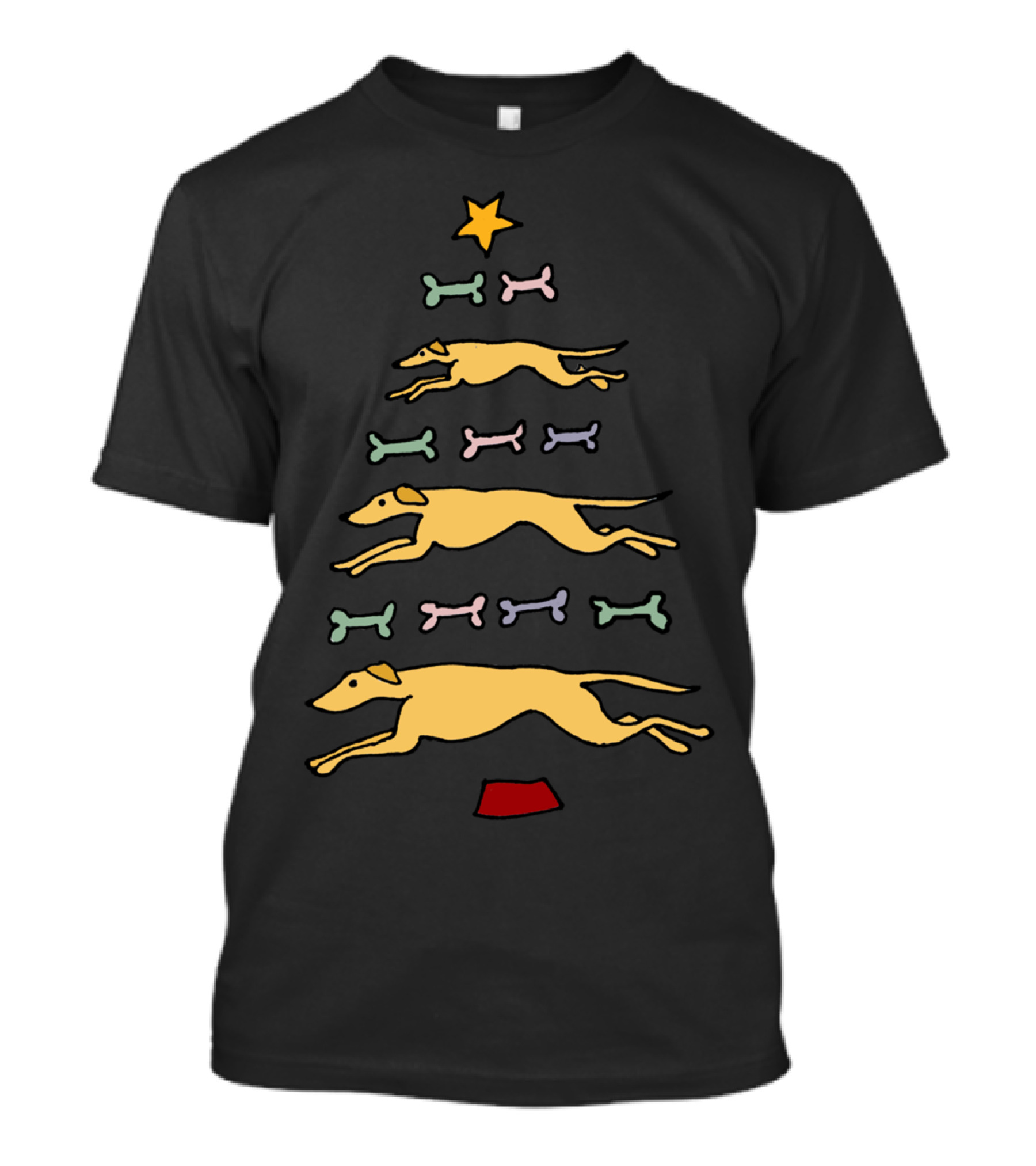 Funky Greyhound Racing Dog Christmas Tree With Colorful Bones T-Shirt