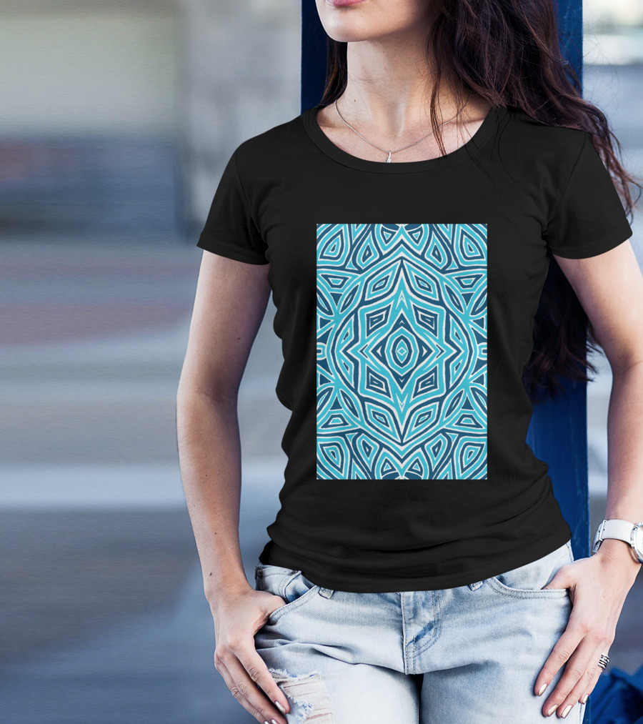 Rose Bud Blue Pattern Geometric Mandala T-Shirt