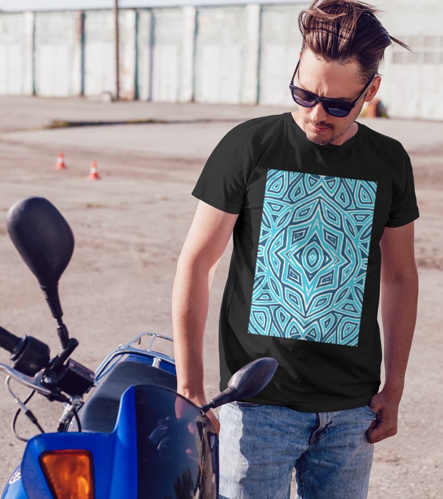 Rose Bud Blue Pattern Geometric Mandala T-Shirt