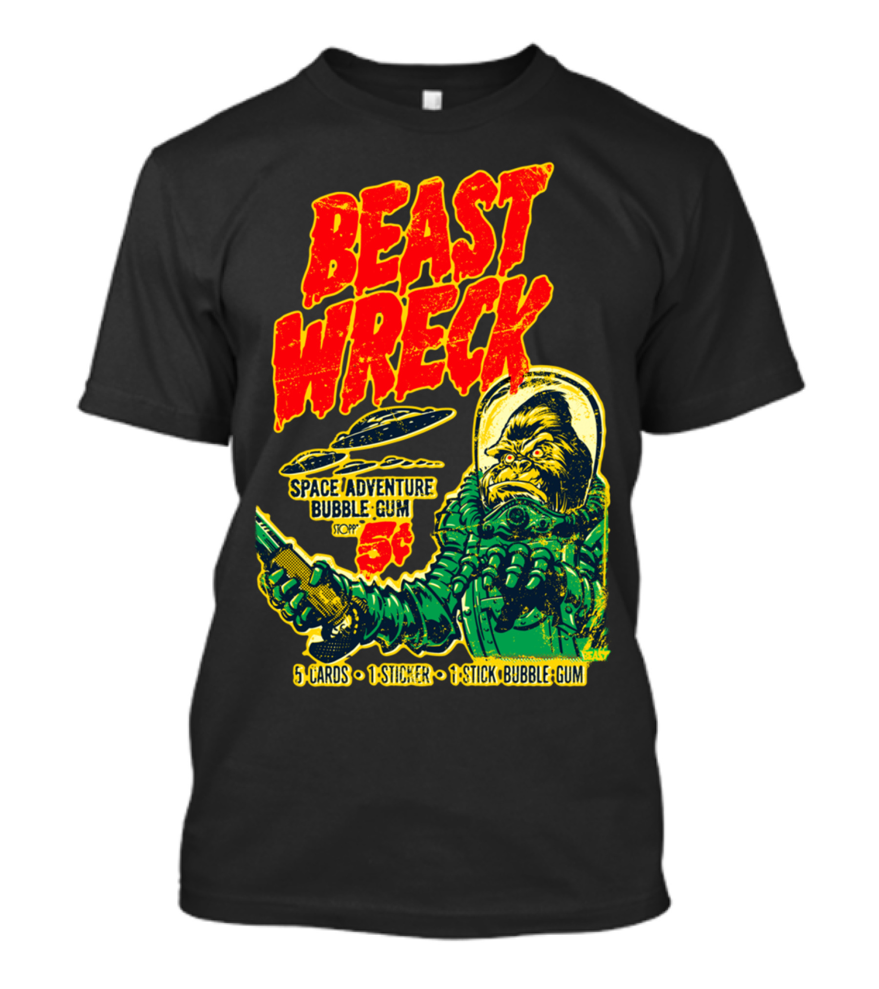 BEAST WRECK SPACE ADVENTURE BUBBLE GUM 5¢ 5 CARDS 1 STICKER 1 STICK BUBBLE GUM T-Shirt