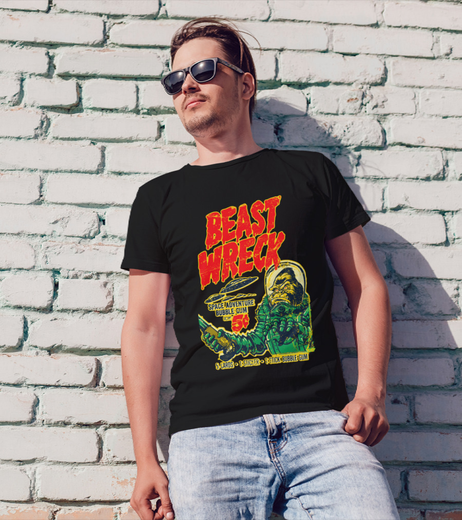 BEAST WRECK SPACE ADVENTURE BUBBLE GUM 5¢ 5 CARDS 1 STICKER 1 STICK BUBBLE GUM T-Shirt