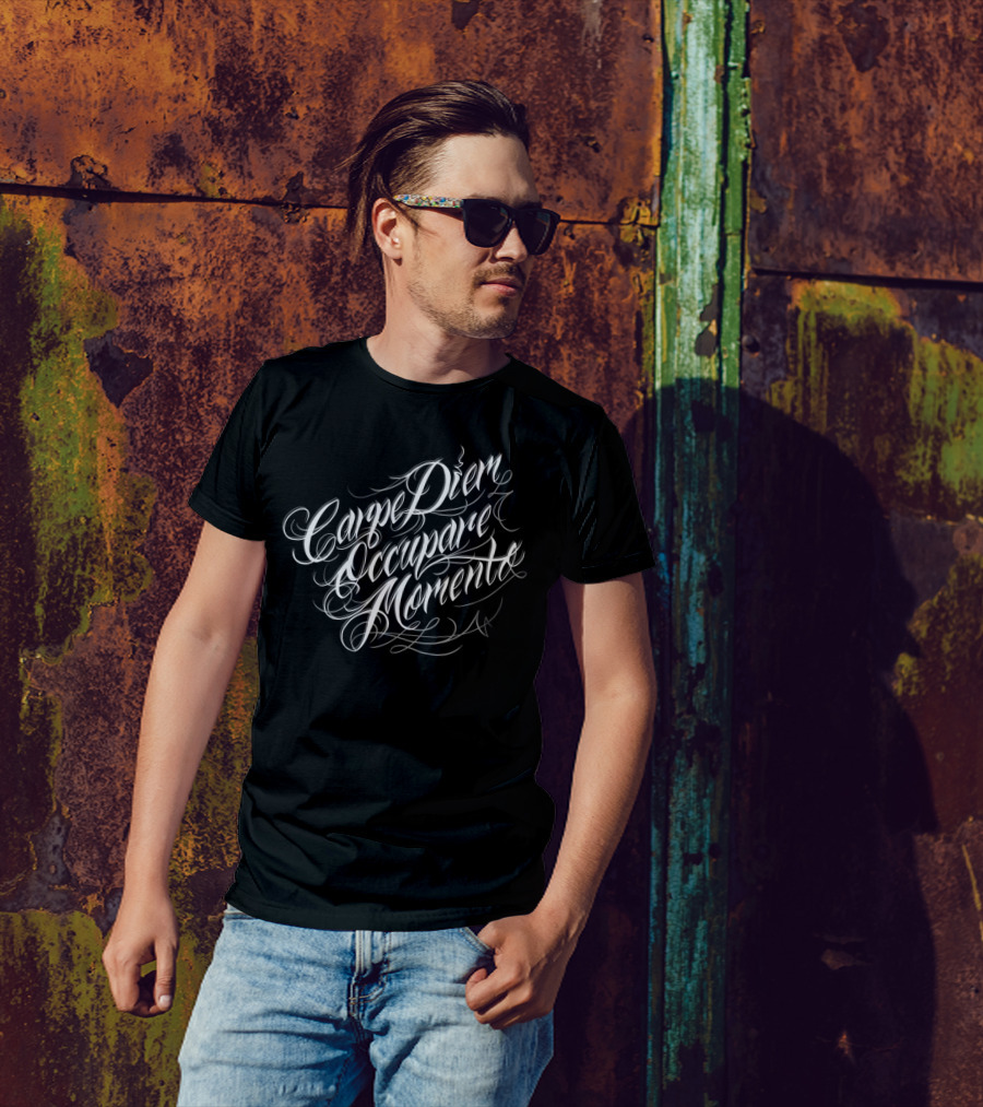 Carpe Diem Occupare Momento Calligraphy Style Typography T-Shirt