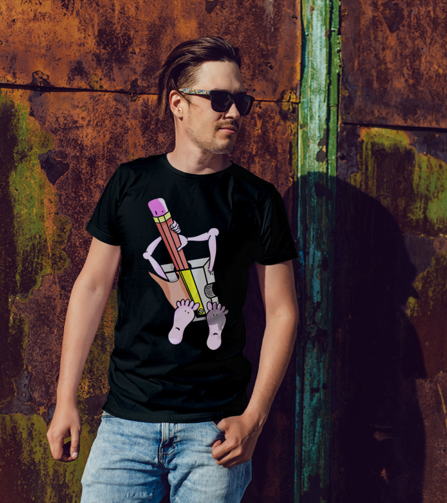 Pencil With Human Features Riding A Sharpener T-Shirt
