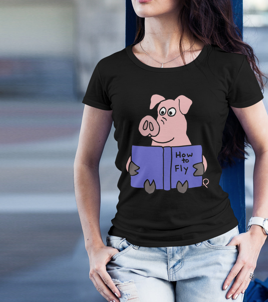 Funny Pink Pig Reading How To Fly Book T-Shirt