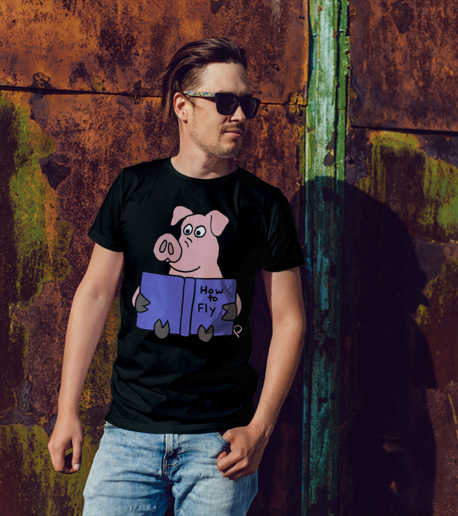 Funny Pink Pig Reading How To Fly Book T-Shirt