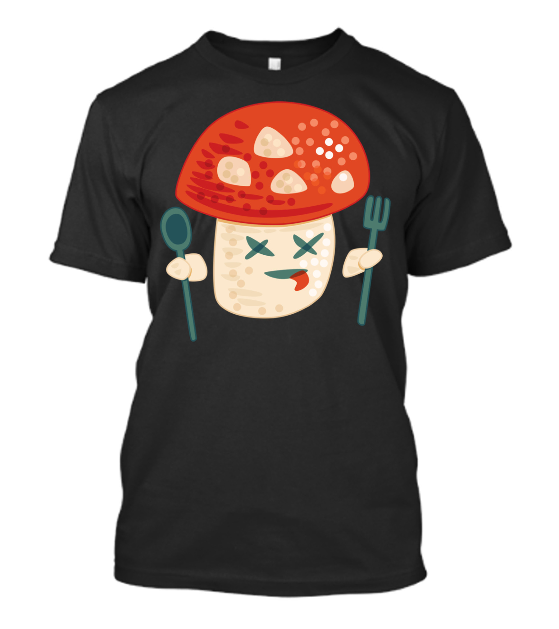 Funny Poisoned Mushroom Character With Red Cap And Cutlery T-Shirt