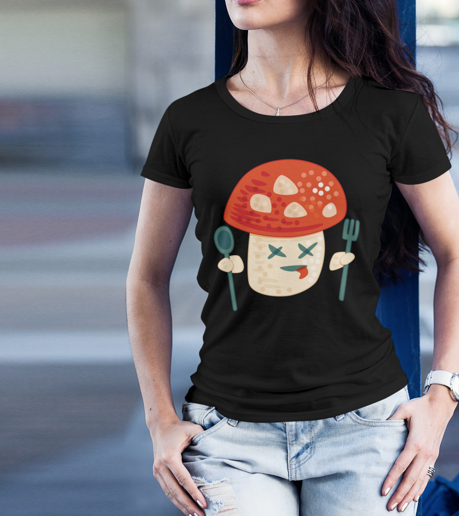 Funny Poisoned Mushroom Character With Red Cap And Cutlery T-Shirt