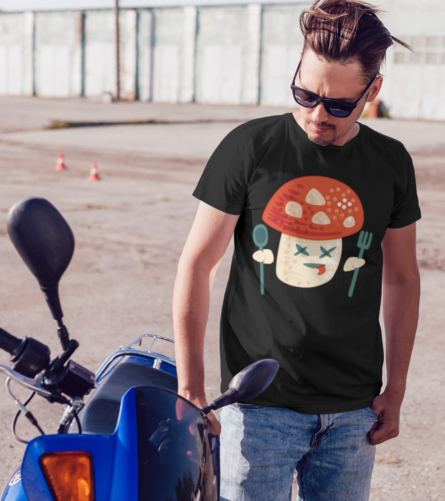 Funny Poisoned Mushroom Character With Red Cap And Cutlery T-Shirt