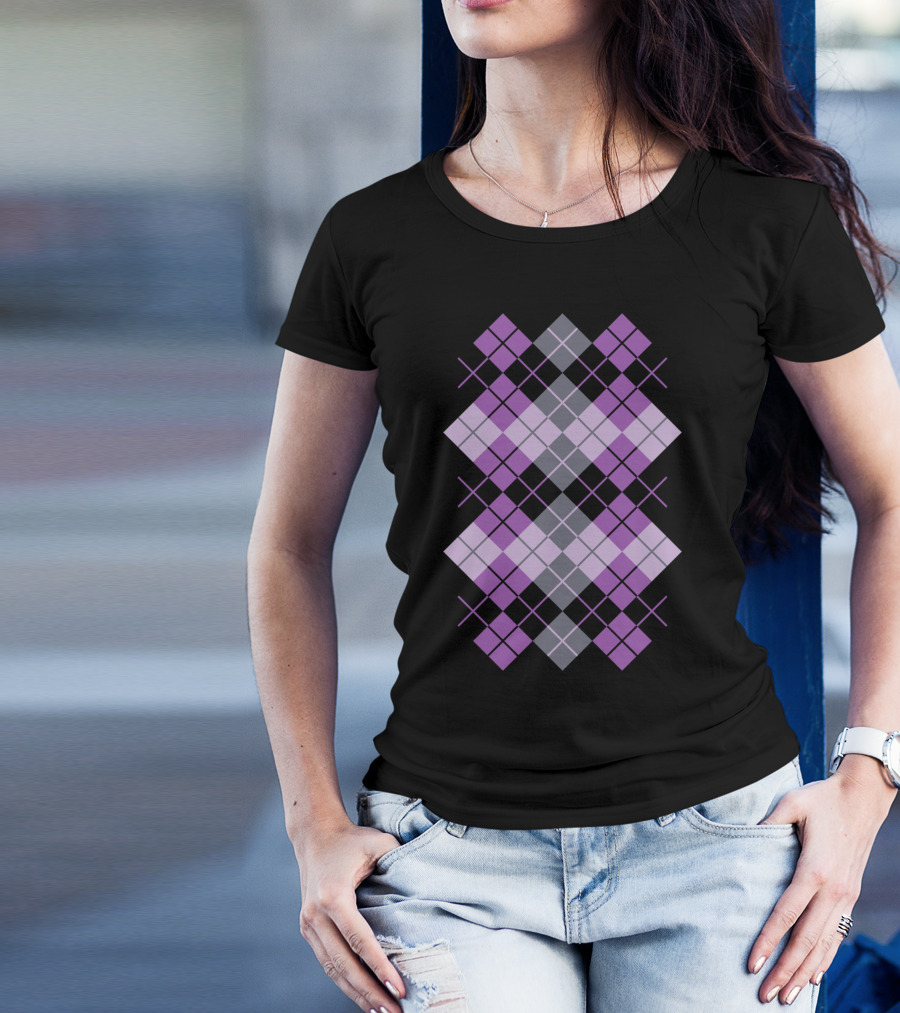 Argyle Pattern In Purple And Black With Gray Elements T-Shirt
