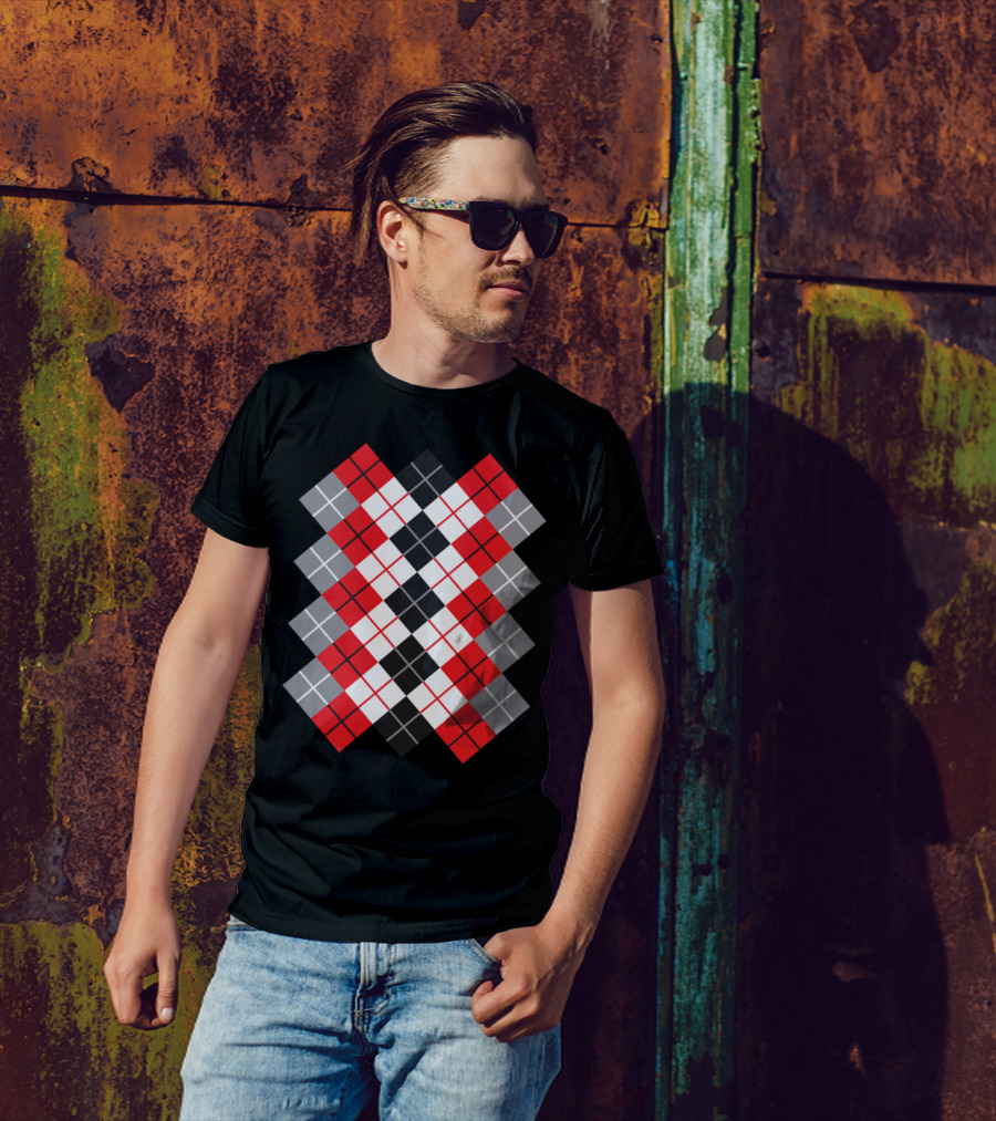 Argyle Red Black White Grey Diamond T-Shirt