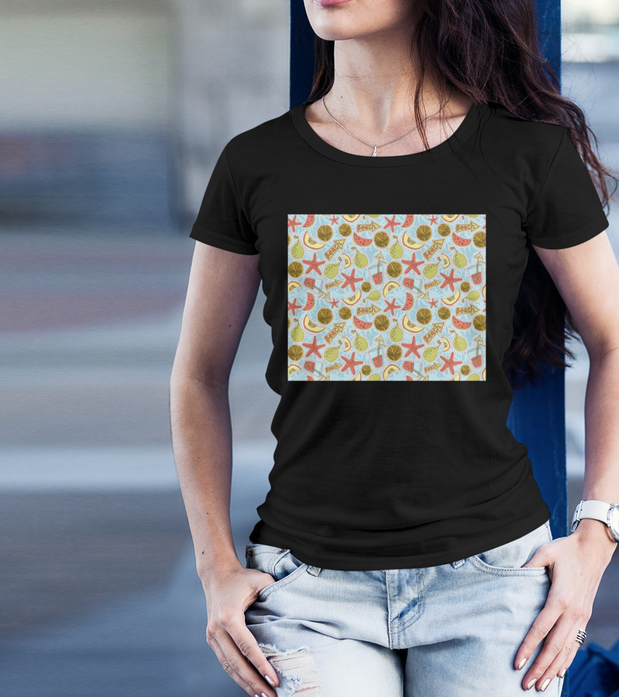 Funny Summer Fruits Beach Pattern Starfish Lemon Watermelon Pear T-Shirt
