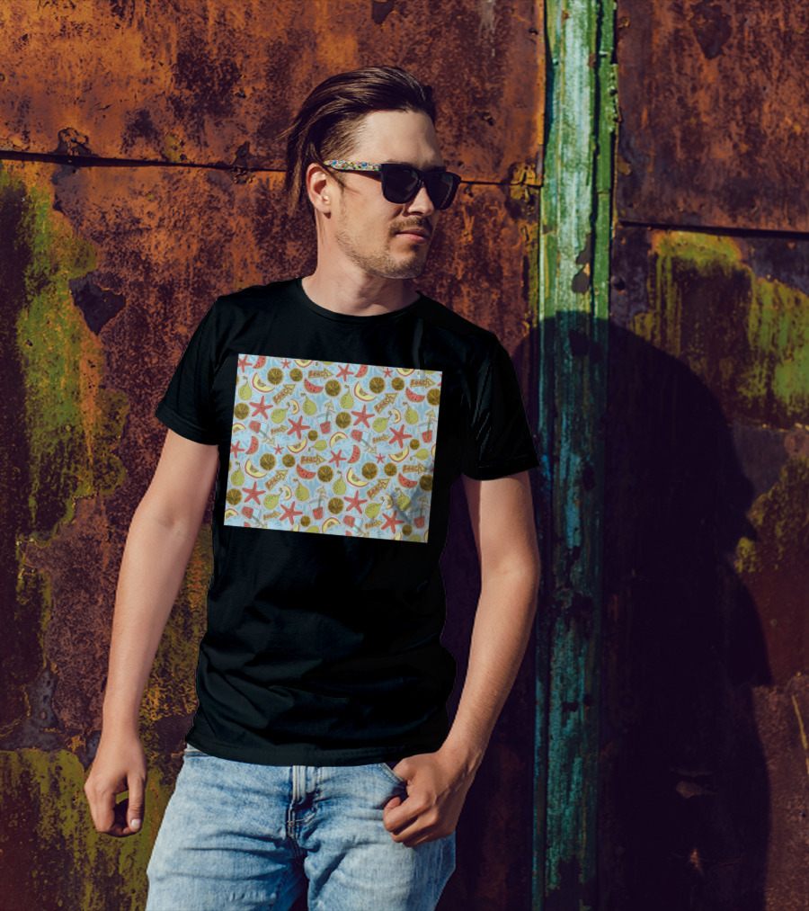Funny Summer Fruits Beach Pattern Starfish Lemon Watermelon Pear T-Shirt
