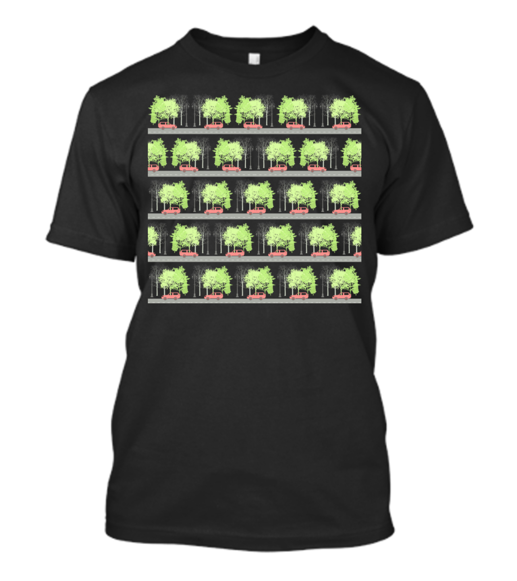 Cars And Trees Pattern With Rows Of Green Trees And Red Cars T-Shirt