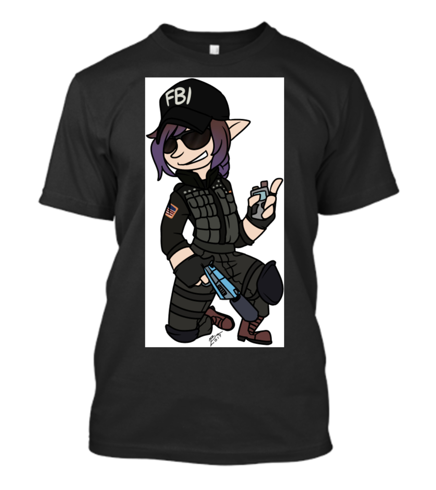 AriAsh FBI Agent Cartoon Character With Coffee And Gun T-Shirt