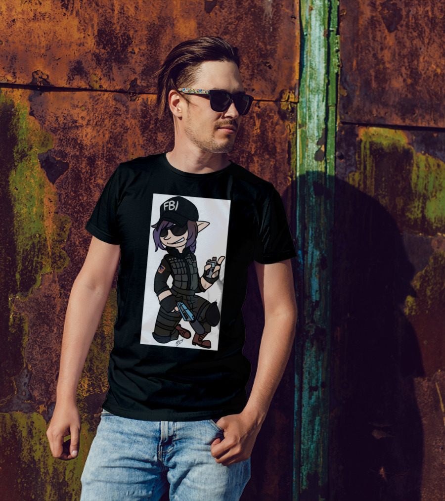 AriAsh FBI Agent Cartoon Character With Coffee And Gun T-Shirt