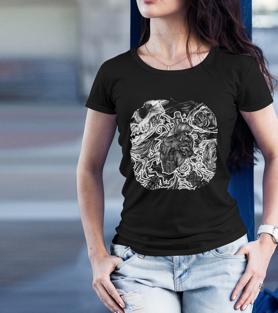 Beating Heart Skull And Anatomical Heart In Dark Swirls T-Shirt