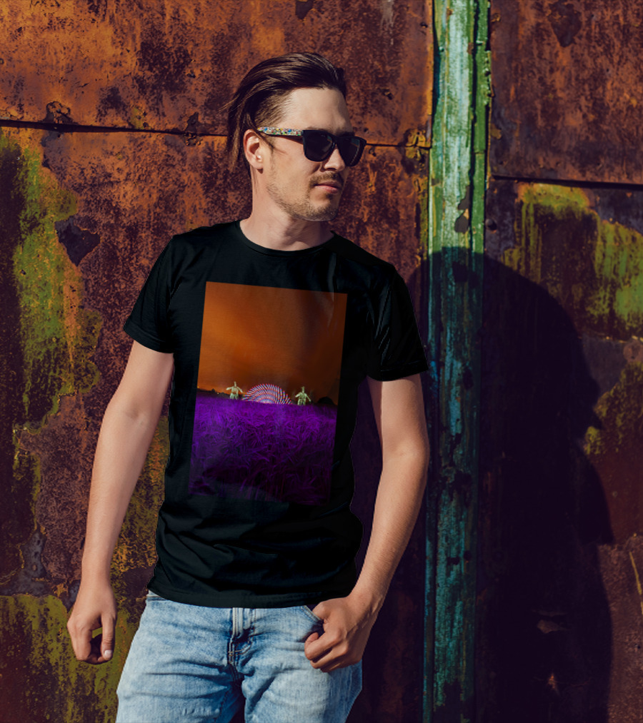 Crop Circle Creators Light Show In Purple Wheat Field Under Fiery Sky T-Shirt